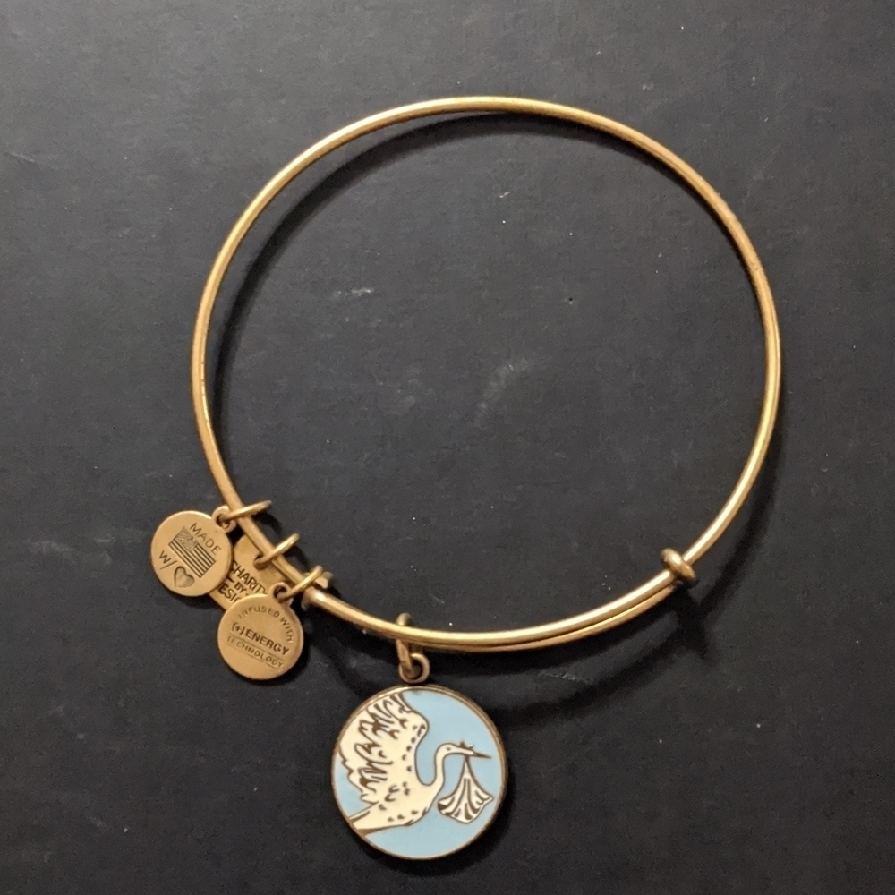 Alex and Ani Gold Tone Blue Stork Baby Boy Statement Bracelet